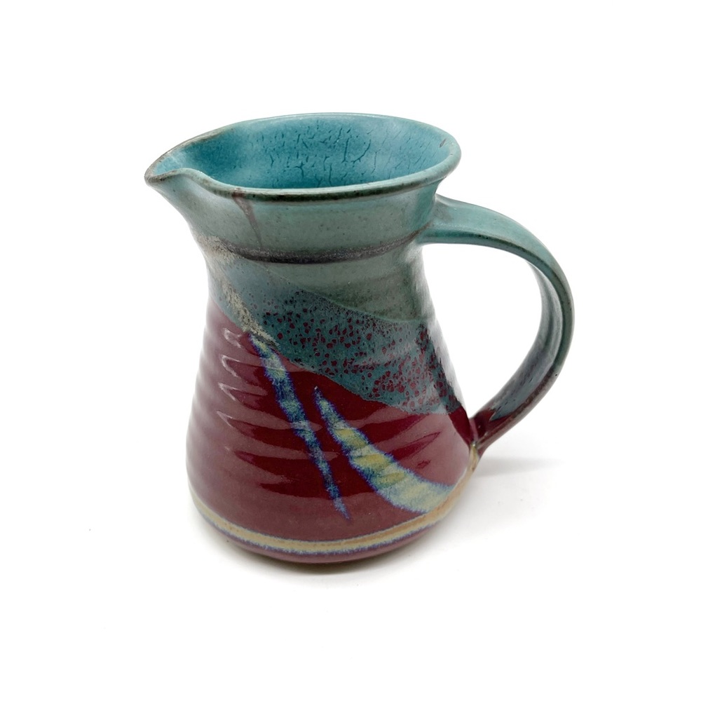 Artist Signed Vintage Mid Century Modern MCM Studio Pottery Creamer Blue Red.
